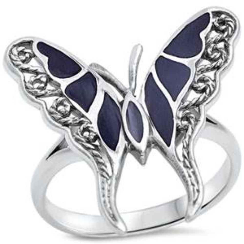 Sterling Silver Filigree Black Onyx Butterfly Sz 8